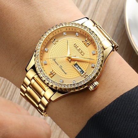 ساعة كوارتز فاخرة بإطار مرصع بالفصوص رجالي