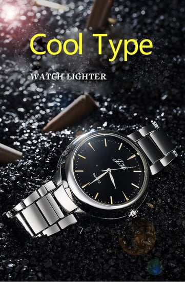 ساعة رجالي مع ولاعة الكترونية قابلة للشحن بسير معدني قابل للتعديل لون ذهبي