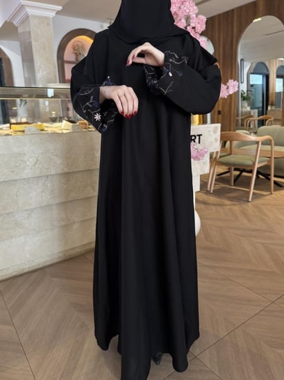 عباية تطريز الكم من الداخل رمادي نص كلوش - قماش كريب