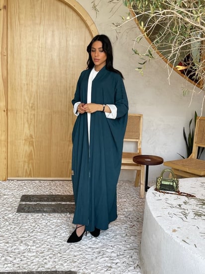 عباية قماش كتان قطني بلون بترولي مع طرحة بترولي