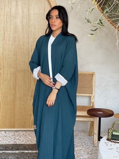 عباية قماش كتان قطني بلون بترولي مع طرحة بترولي