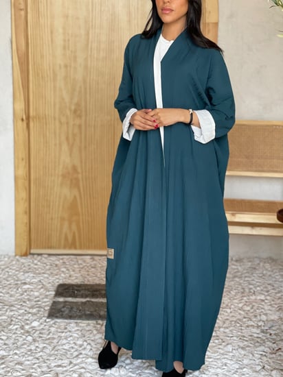 عباية قماش كتان قطني بلون بترولي مع طرحة بترولي