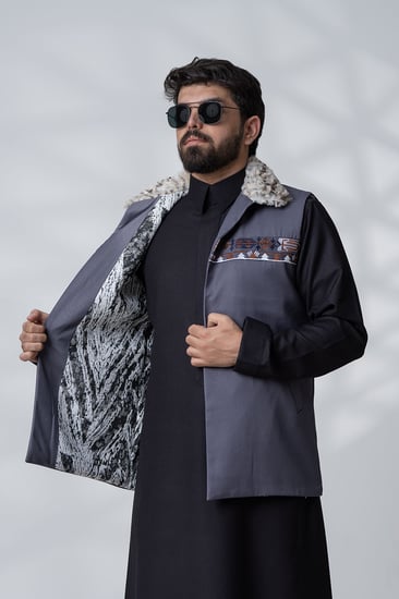 سديري قماش مقلم لون ليلكي بياقة فرو ايطالي