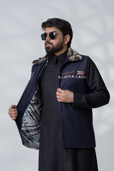 سديري قماش مقلم كحلي بياقة فرو ايطالي