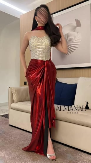 فستان سهره كريستال انيق باللون الاحمر والبيج