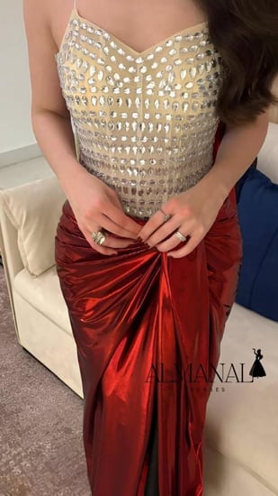 فستان سهره كريستال انيق باللون الاحمر والبيج