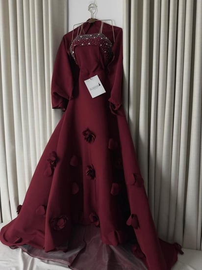 فستان سهره سترابلس عنابي مطرز مع ورود