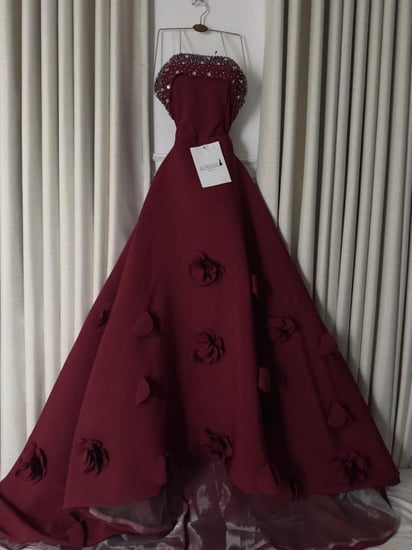 فستان سهره سترابلس عنابي مطرز مع ورود