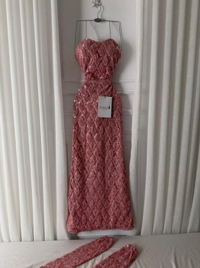 فستان سهره مطرز خرز  اكمام منفصله بينك