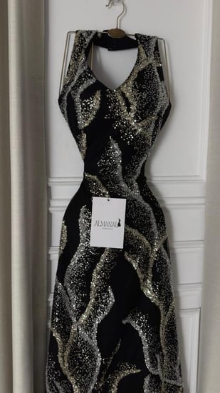 فستان سهره تل مطرز خرز فضي وذهبي