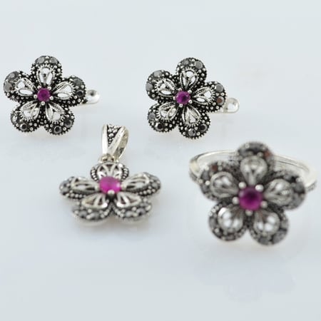 نصف طقم فضة مؤكسدة مع زركون احمر - WIJstore