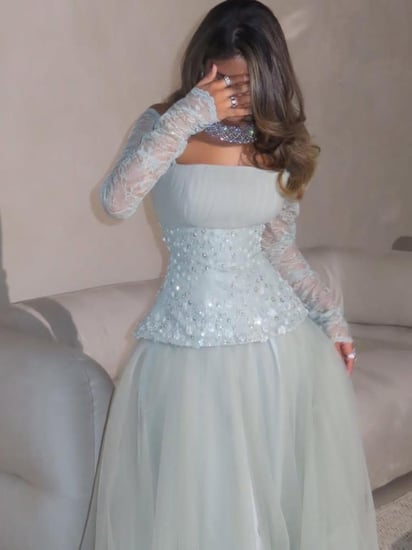 فستان سهرة تل تطريز يدوي راقي