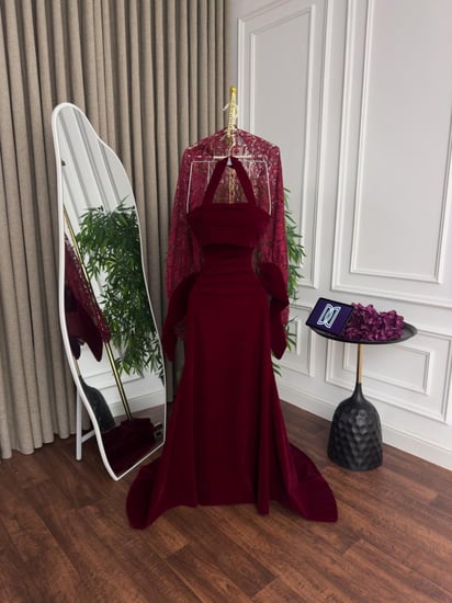 فستان سهرة مخمل دانتيل راقي