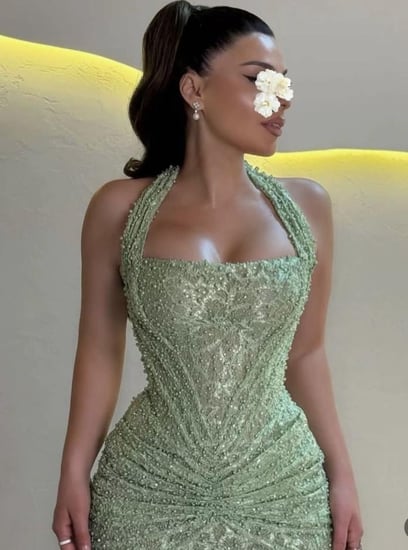 فستان سهرة دانتيل بتطريز خرز على تل