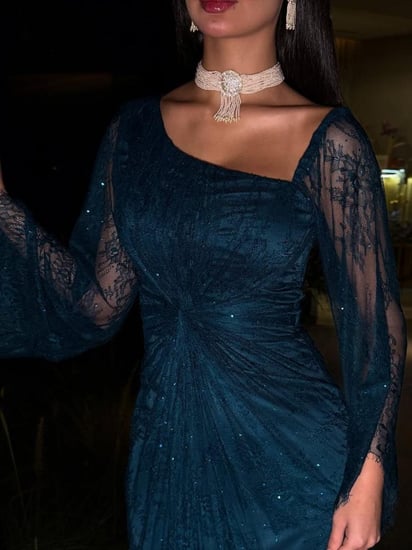 فستان سهرة دانتيل فرنسي فصوص رزكون