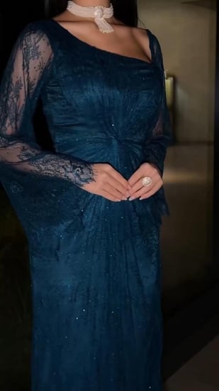 فستان سهرة دانتيل فرنسي فصوص رزكون