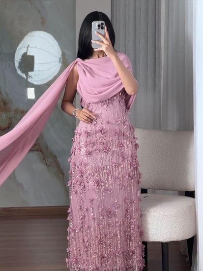 فستان سهرة تل مطرز بورد خرد شيفون