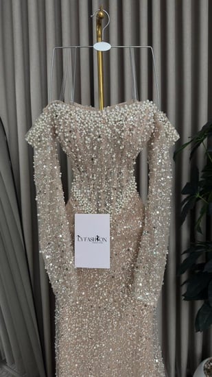 فستان سهرة بيج مرصع لولو كامل