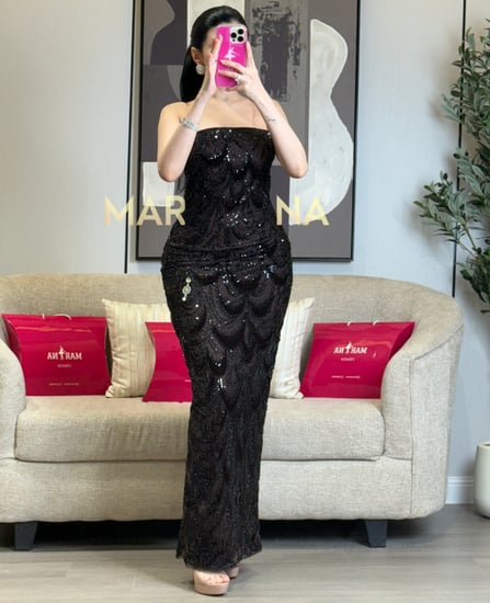 فستان ميان (فستان موكا كلفه شك قطيفه وشال جورجيت)