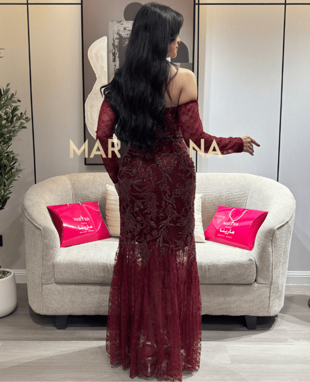 فستان نغم (فستان عودي شك سهره تدخيله دانتيل فرنسي اكمام منفصله)