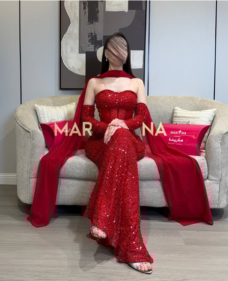 فستان سراب الاحمر (فستان احمر شك سهره صدريه كورسيه تطريز اكمام منفصله وشال جورجيت)