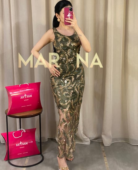 فستان ارينا (فستان تطريز قطعه كامله زيتي مع ذهبي)