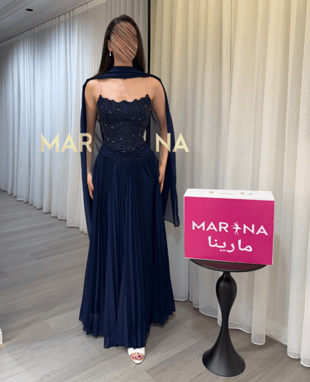 فستان عهد (فستان كحلي صدريه لول وكرستال وجورجيت بوليسيه وشال جورجيت)