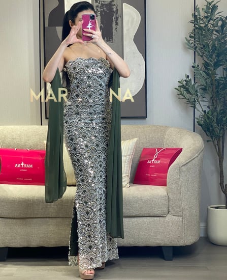 فستان طيف (فستان زيتي شك سهره وشال جورجيت)