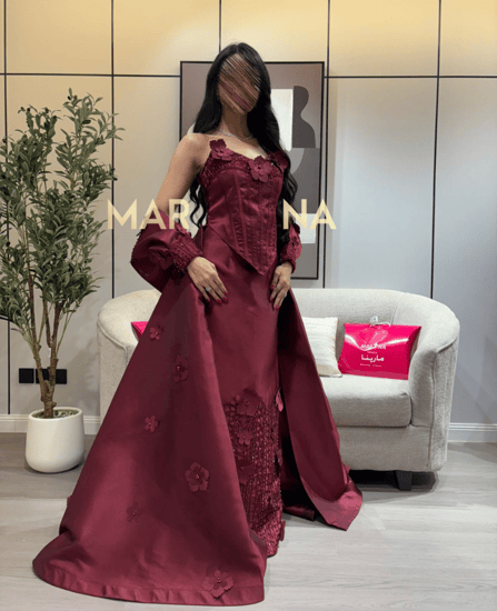 فستان مجوده (فستان برغندي ٣ قطع ميكادو وتطريز يدوي ورود قص ليزر ولولو)
