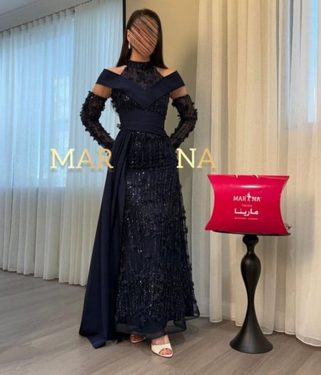 فستان ايوش الكحلي (فستان  ورود ذيل باربي اكمام منفصله )