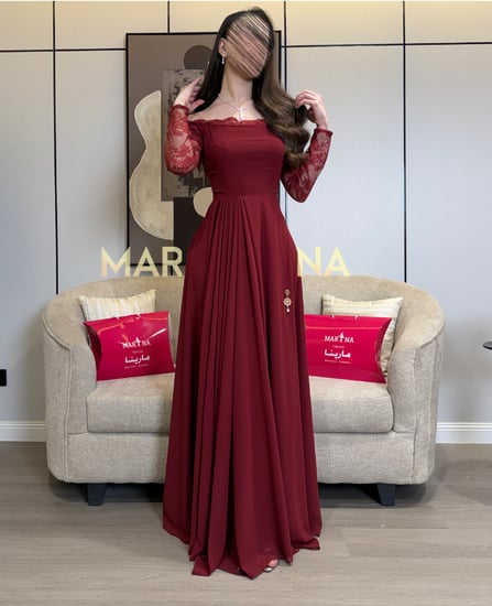 فستان ميمي (فستان برغندي جورجيت اكمام دانتيل فرنسي)