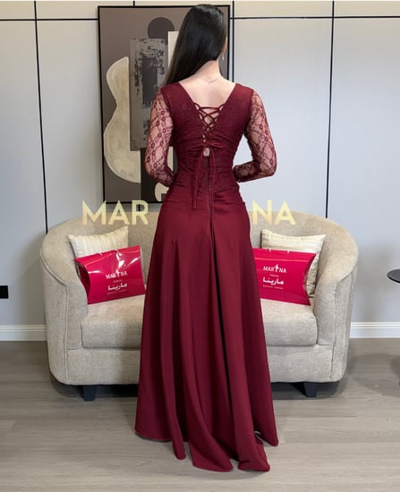 (فستان بيسو (فستان برغندي صدريه دانتيل فرنسي وباربي)