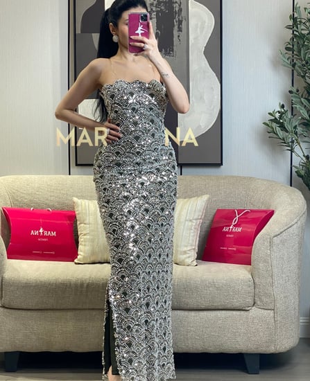 فستان طيف (فستان زيتي شك سهره وشال جورجيت)