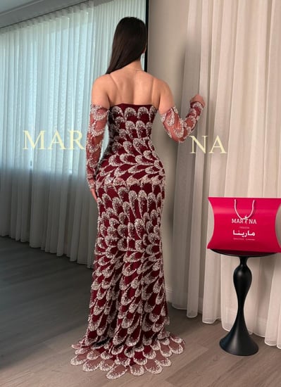 فستان اميار العنابي (فستان عنابي شك سهره اكمام منفصله)