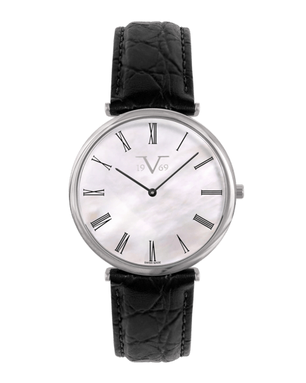 ساعة رجالية صناعة سويسرية ماركة V19.69 فضي مينا ابيض حزام جلد اسود موديل VSS1620G