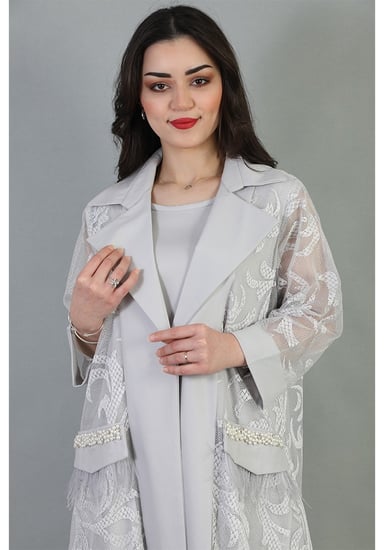 بشت نسائي بأكمام اورجنزا طويلة شفافة مع حزام للخصر