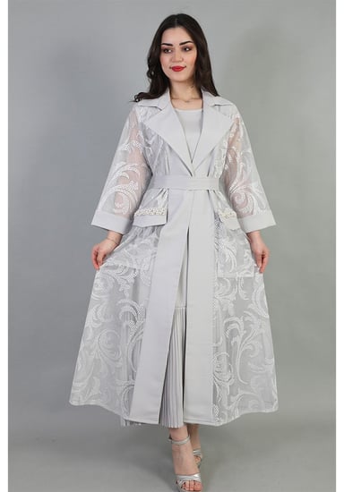 بشت نسائي بأكمام اورجنزا طويلة شفافة مع حزام للخصر