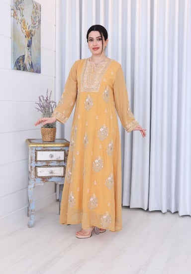 جلابية لينن مطرزة ورود على الصدر