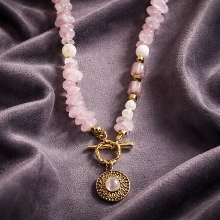 قلادة الروز كوارتز والصدف والكات آي – نعومة، إشراق، ولمسة أنثوية راقية
