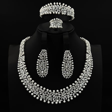 طقم زيركون فضي مع لؤلؤ أنيق بإصدار خاص دقة الماس 5 قطع بضمان على اللون