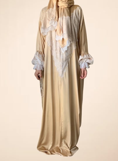 شرشف صلاة بيج دانتيل سحاب و الطرحة مثبتة