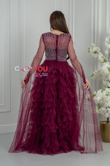 فستان سهرة "تشيري رويال" بتنورة كشكش درامية وتطريز كريستال هندسي