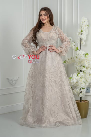 فستان سهرة "لؤلؤي براق" بأكمام طويلة وتطريز دانتيل هندسي