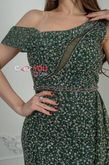 فستان سهرة زيتي مشجر بكتف واحد وفتحة جانبية - إطلالة ملكية