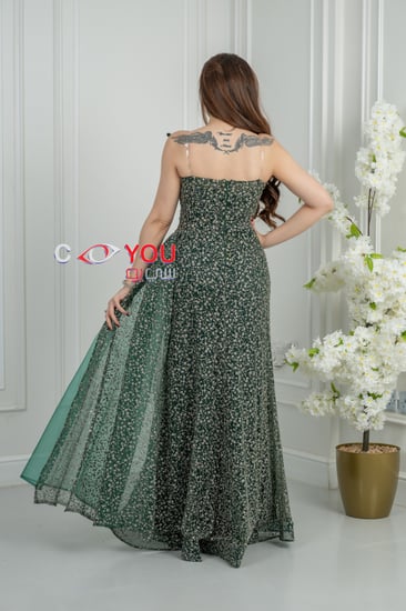 فستان سهرة "زيتي ملكي" بكتف واحد وتطريز كريستالي لامع