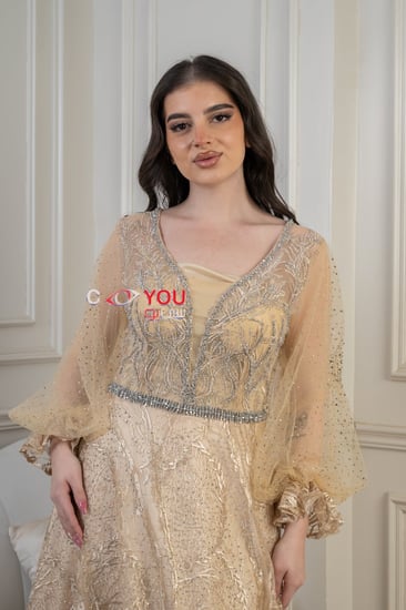 فستان سهرة ذهبي راقٍ بأكمام شفافة وتطريز ملكي - تصميم فخم وأناقة لا تُضاهى.