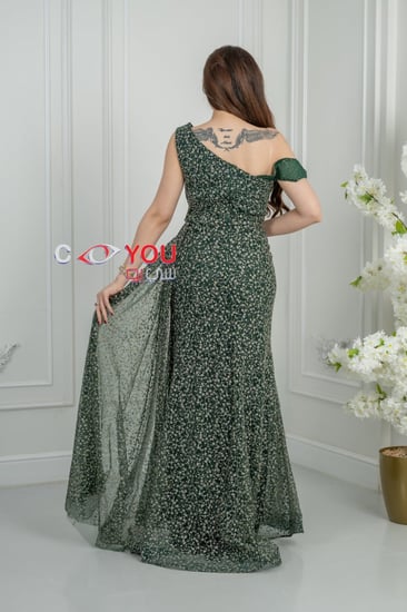 فستان سهرة زيتي مشجر بكتف واحد وفتحة جانبية - إطلالة ملكية