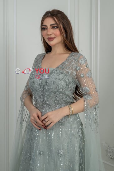 فستان سهرة فاخر بتطريز لامع وأكمام شفافة بتصميم راقي