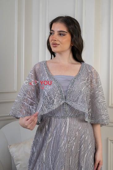 فستان سهرة فضي بتطريز لامع وقصة واسعة أنيقة، تصميم راقٍ يناسب الحفلات والسهرات ويمنحك إطلالة فخمة لا تُنسى.