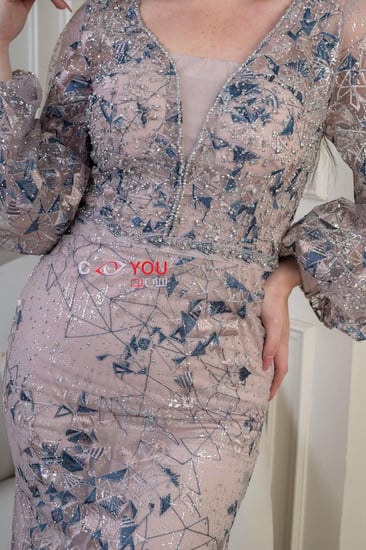 فستان سهرة فاخر بلون الشامبين بتطريز أنيق وأكمام شفافة.